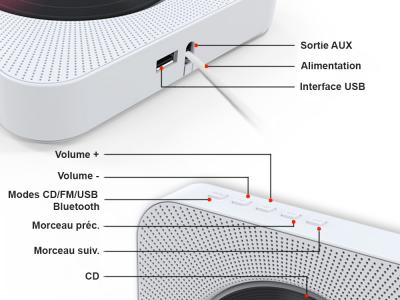 Lecteur CD mural avec fonction Bluetooth et télécommande Marlone - Modèle Houston - Noir